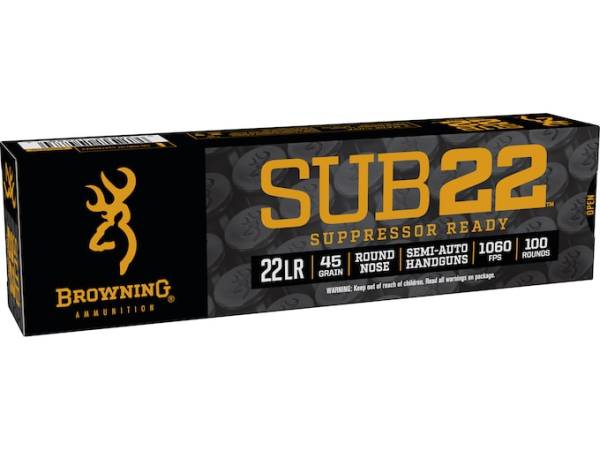 Browning SUB22 Suppressor Ready Ammunition 22 Long Rifle Subsonic 45 Grain Lead Round Nose