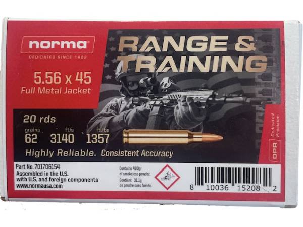 Norma Range & Training 5.56x45mm NATO Ammo 62 Grain Full Metal Jacket Box of 20