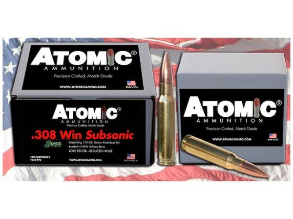 Atomic Ammunition Match Subsonic 308 Winchester Ammo 175 Grain Sierra GameKing Jacketed Hollow Point Box of 100